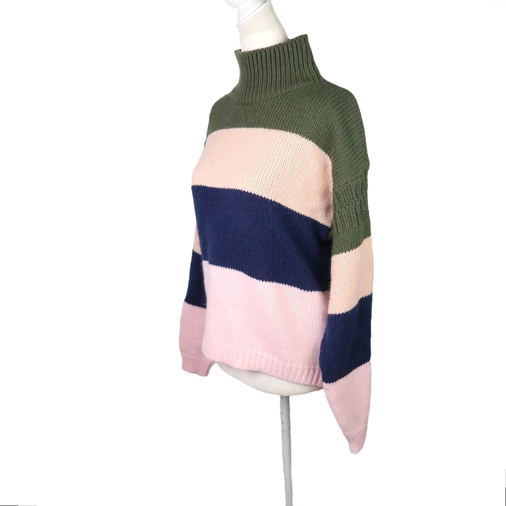 Olive VINTAGE 90s WORDS Olive Green and Pink Stripe Turtleneck Sweater M Women Long Sleeve Knit Pullover Ladies Casual Fall Winter - Mens Womens? Size M / US 6-8 / IT 42-44 - 3 Thumbnail