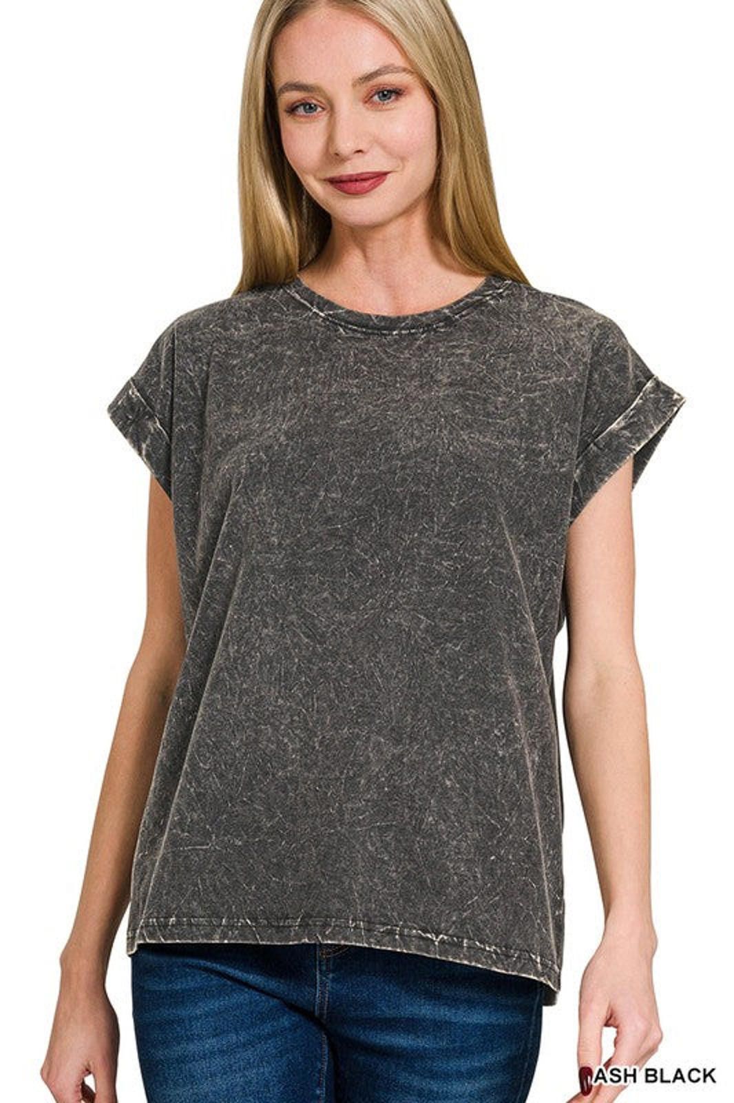 Other Crinkle Wash Cotton Folded Sleeve Top Relaxed Fit by Zenana Size S / US 4 / IT 40 - 6 Thumbnail