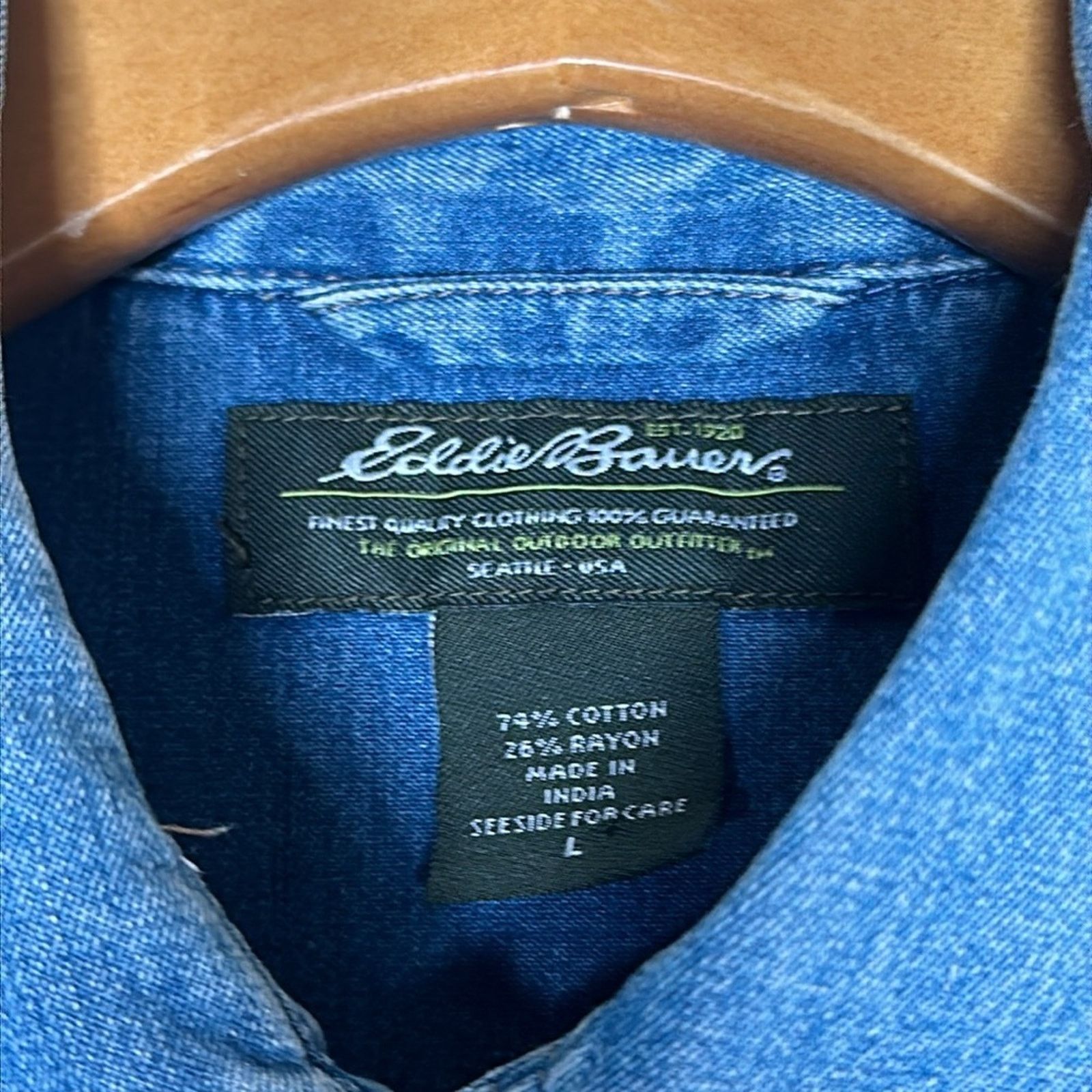 Eddie Bauer × Vintage VTG Eddie Bauer Pearl Snap Button Denim Western Shirt Large Size US L / EU 52-54 / 3 - 3 Thumbnail