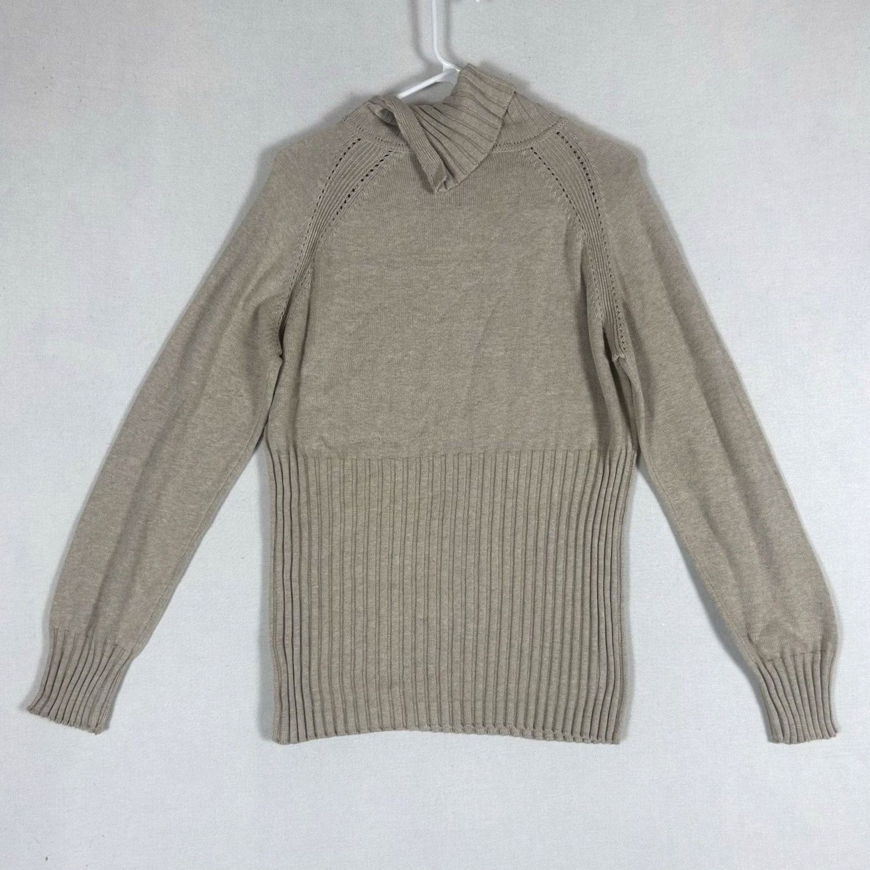 Liz Claiborne Axcess Womens XL Beige Knit Sweater Asymmetrical Button Collar Pullover Ribbed Detail Knit Long Sleeve Mock Neck Mock Lion? Size XL / US 12-14 / IT 48-50 - 7 Thumbnail