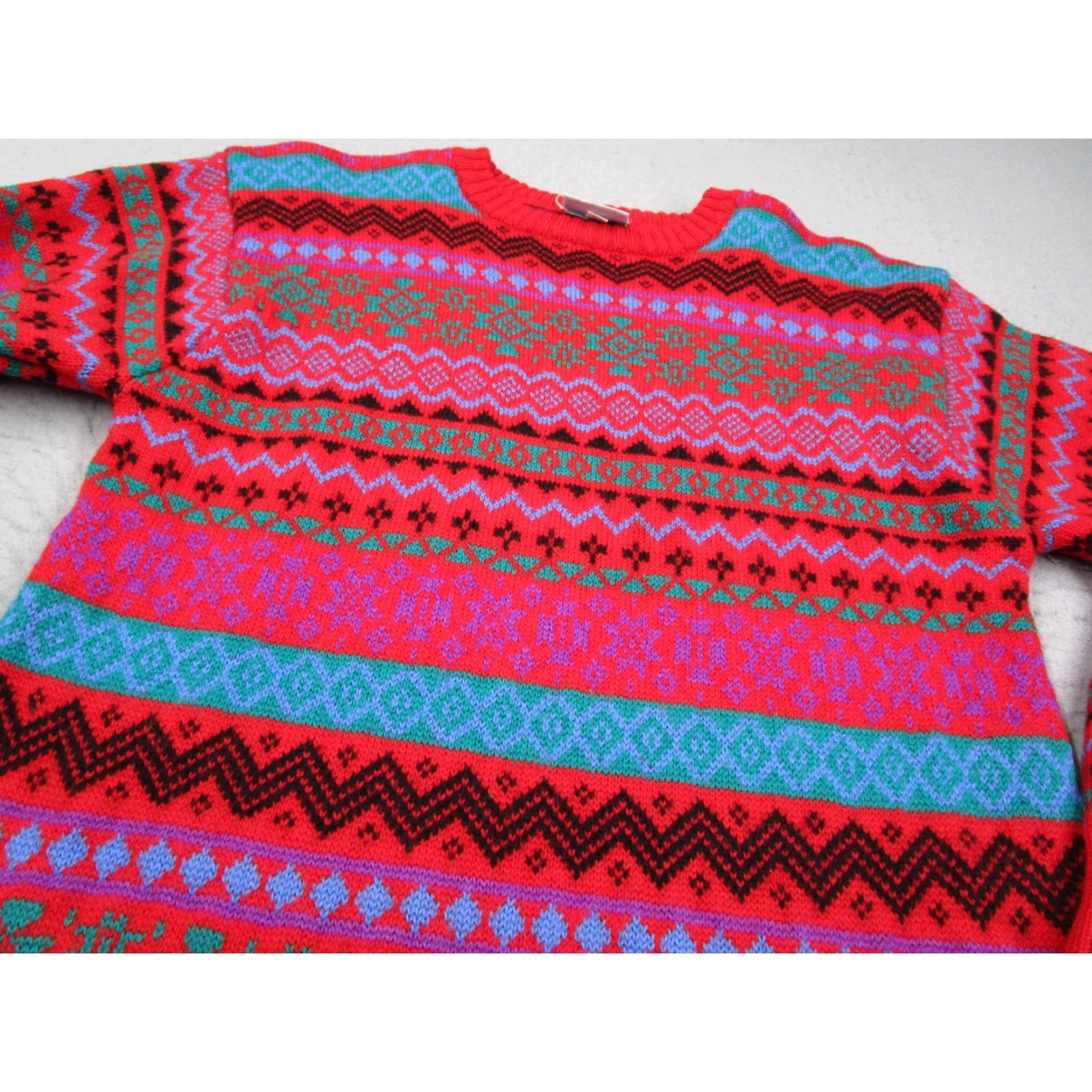Vintage VINTAGE Meister Sweater Womens XL Red Wool Fair Isle Knit Pullover 80s Geometric Crew Neck Size XL / US 12-14 / IT 48-50 - 2 Thumbnail