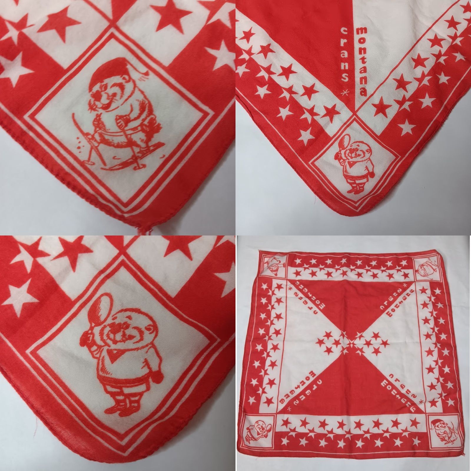 Vintage VINTAGE Badger Bandana Scarf Unisex 19x20" Red White Travel Stars Crans-Montana Switzerland Souvenir Man/Woman? Size ONE SIZE - 8 Thumbnail
