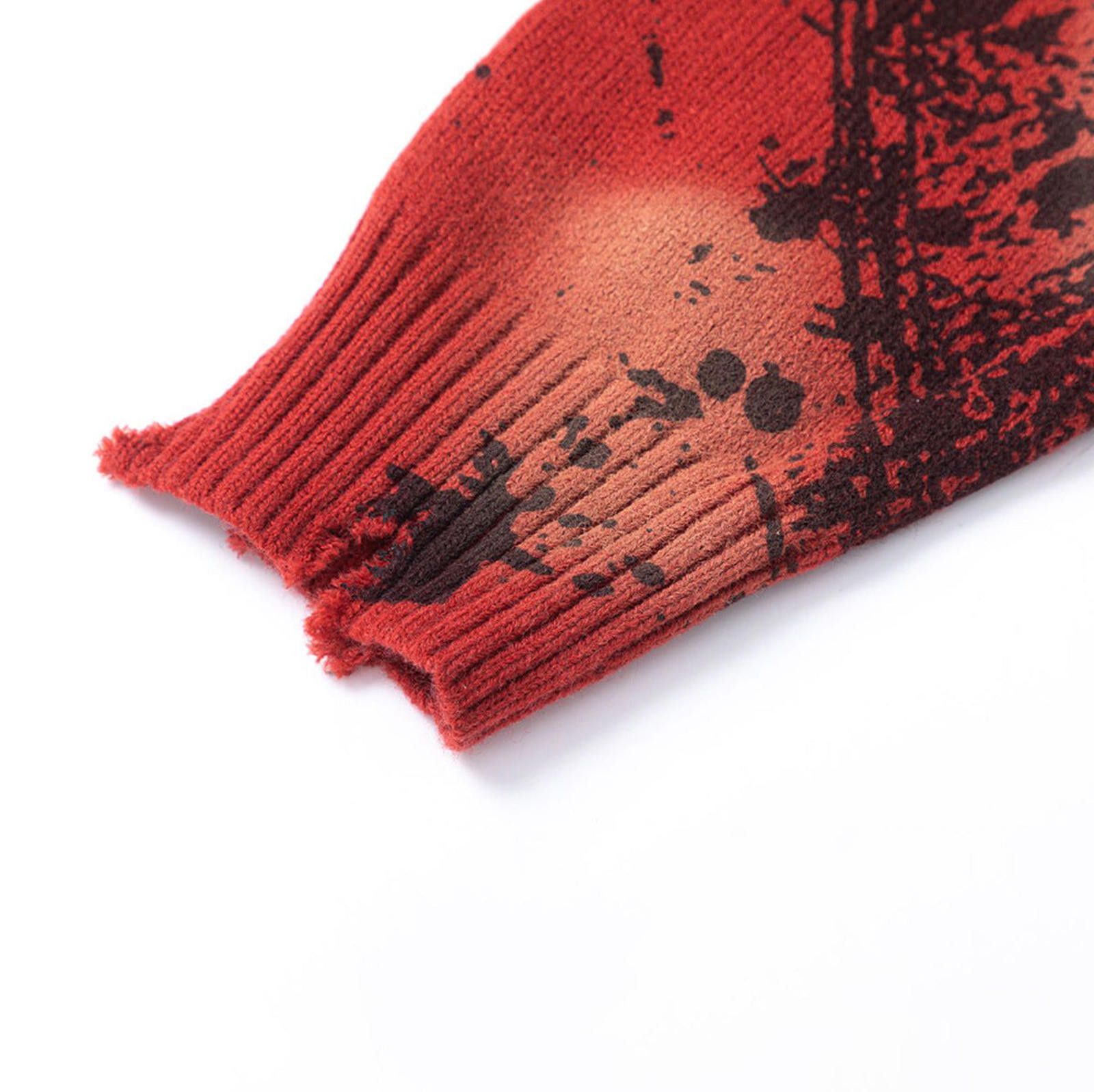 Red Distressed Knit Sweater, Oversized Graphic Pullover