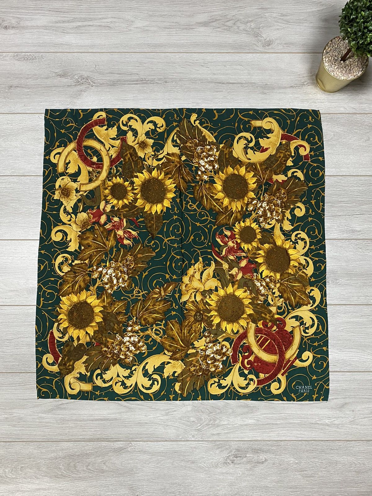 Chanel Silk Scarf CC Muffler Coco Mark Sunflower Pattern