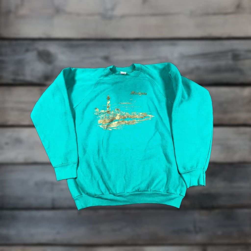 Fruit Of The Loom VTG Michigan Lighthouse Print Sweatshirt Adult Large Green Raglan Sleeves Size US L / EU 52-54 / 3 - 1 Thumbnail