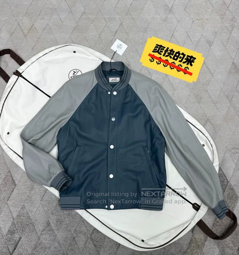 Hermes 100% Deer Leather and Linen Baseball Jacket in Blue