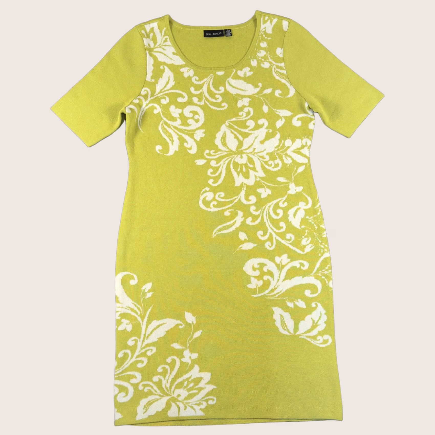Vintage Nina Leonard Sweater Dress Womens Large Green Floral Knit Short Sleeve Sheath Size L / US 10 / IT 46 - 1 Thumbnail