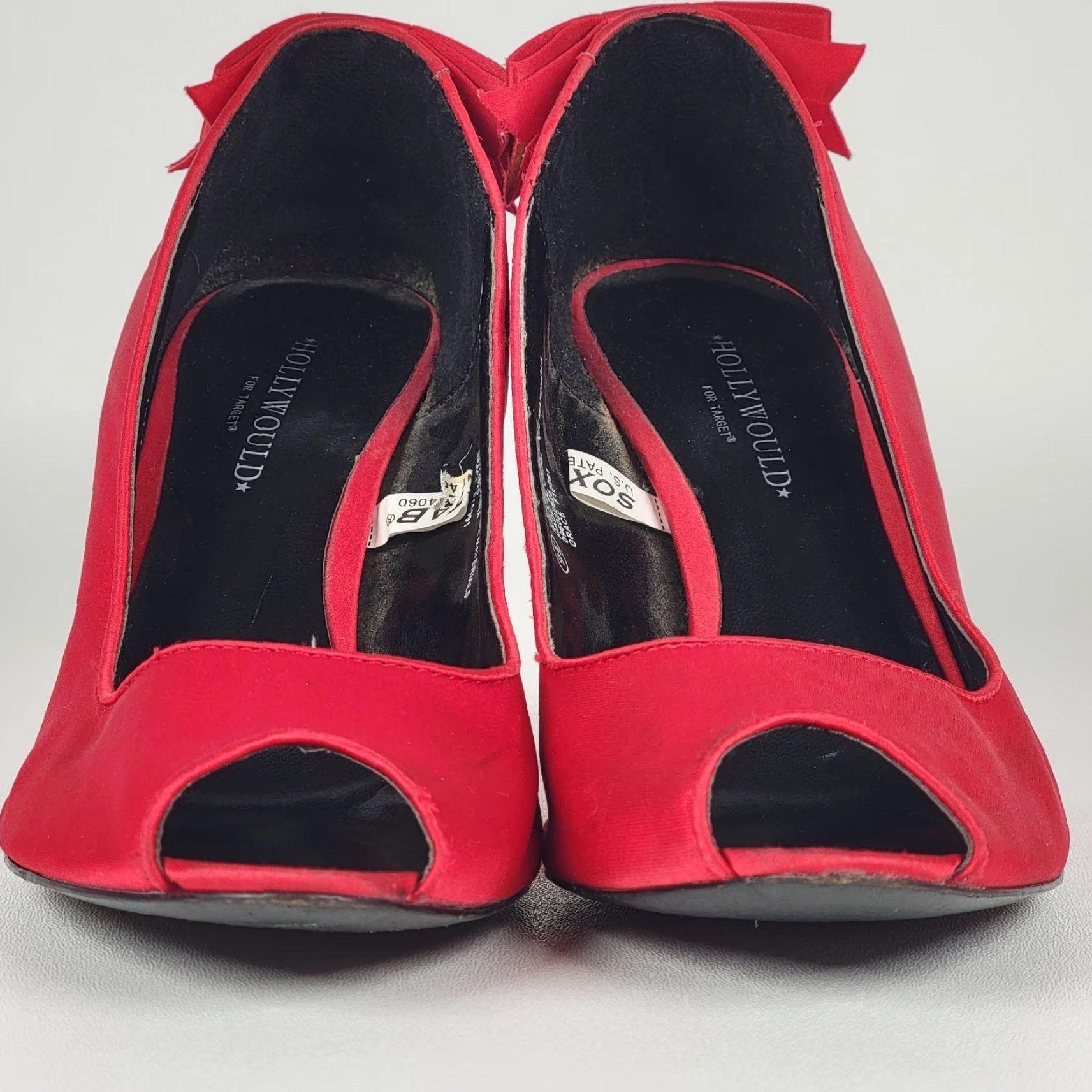 Vintage Hollywould For Target Grace Women Red Satin Heels Vintage Y2K Pump 9.5 Bow Peep Toe Slip On Cone Heel Leather Sole 2000s Party Wedding Womens Size US 10 / IT 40 - 3 Thumbnail