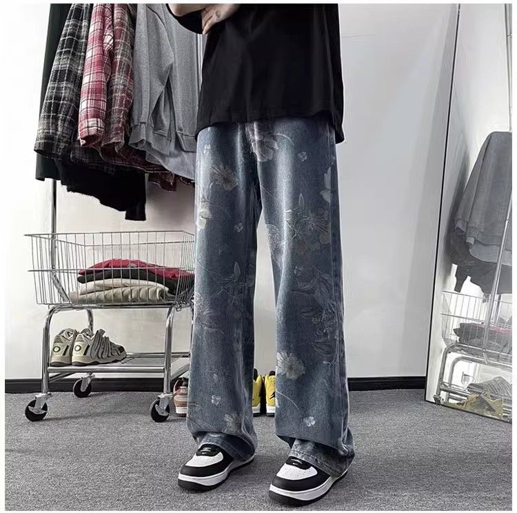 image of Straight Tube Washed Printed Jeans in Blue, Men's (Size 32)
