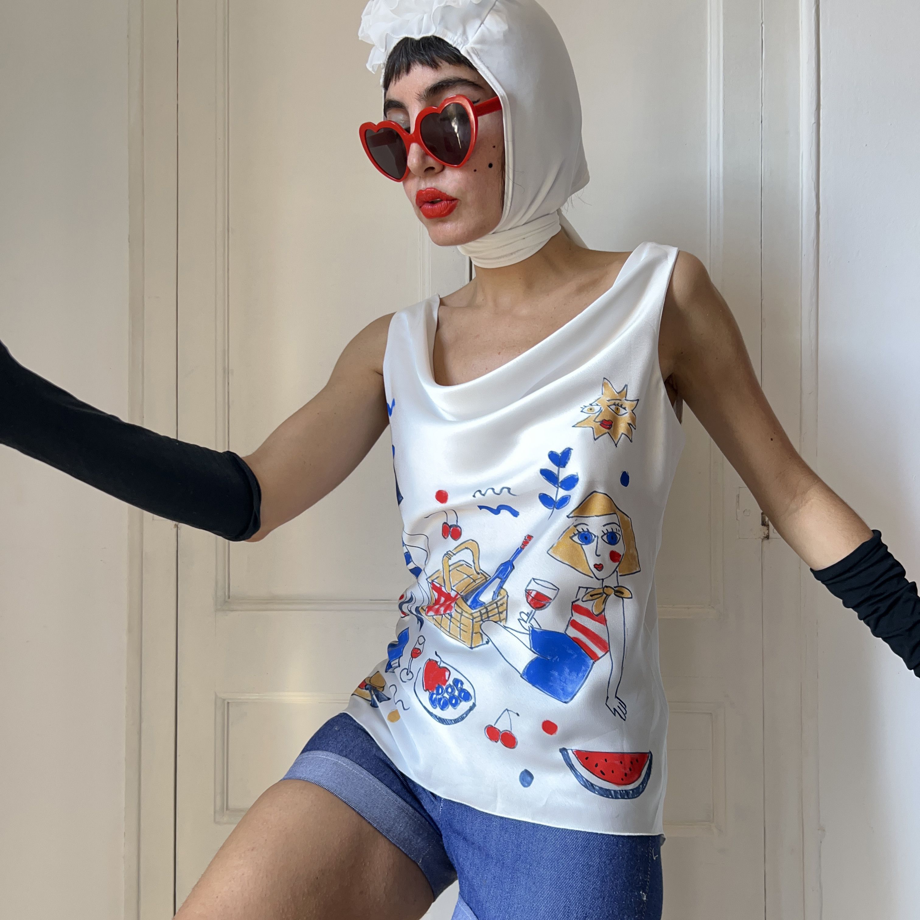 Custommade Hand Painted Picnic Satin Wearable Art Tank Top Size M / US 6-8 / IT 42-44 - 8 Thumbnail