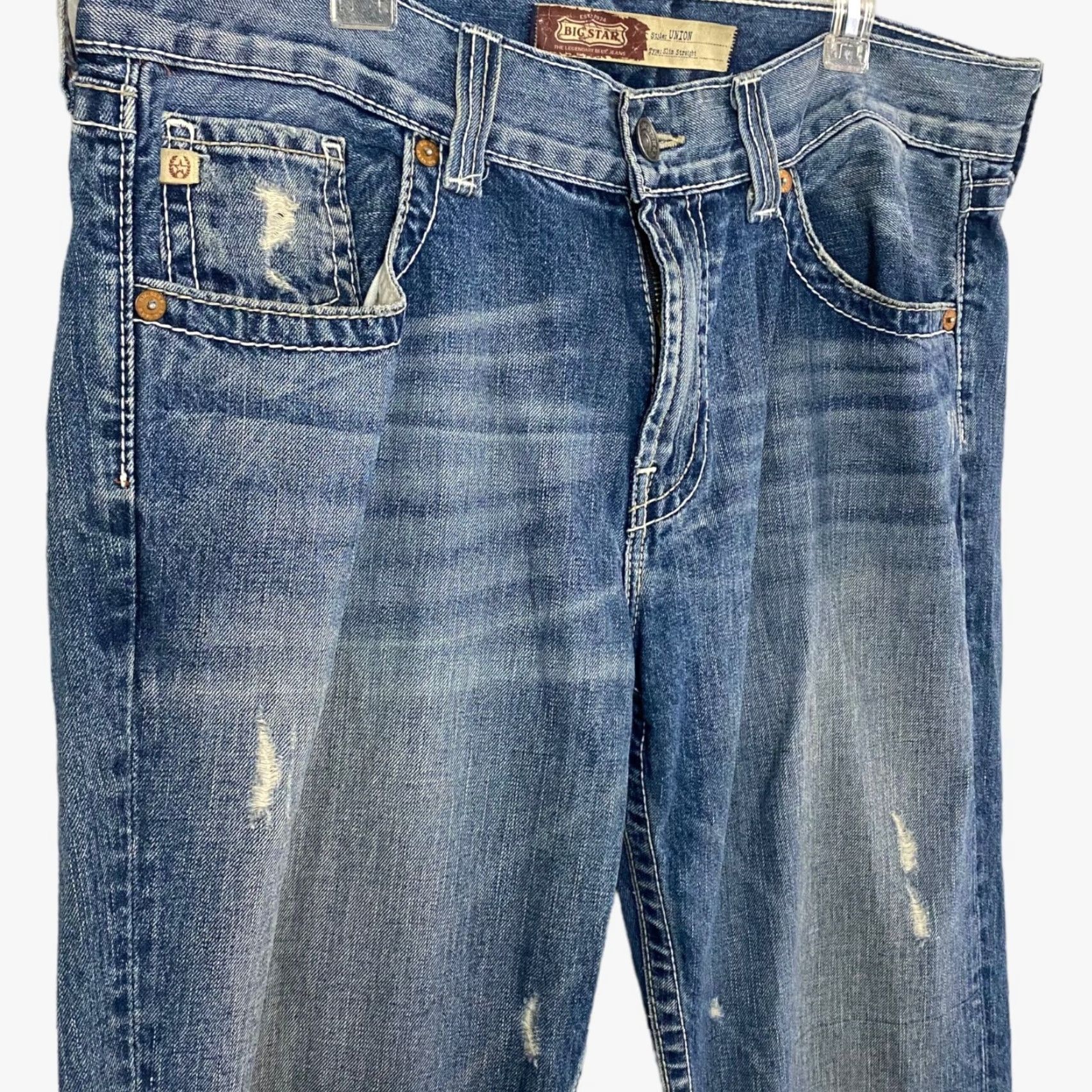 Denime VINTAGE Big Star Union Slim Straight Distressed Blue Jeans Mens 38L Denim 100% Cotton 33" Inseam Size US 38 / EU 54 - 4 Thumbnail