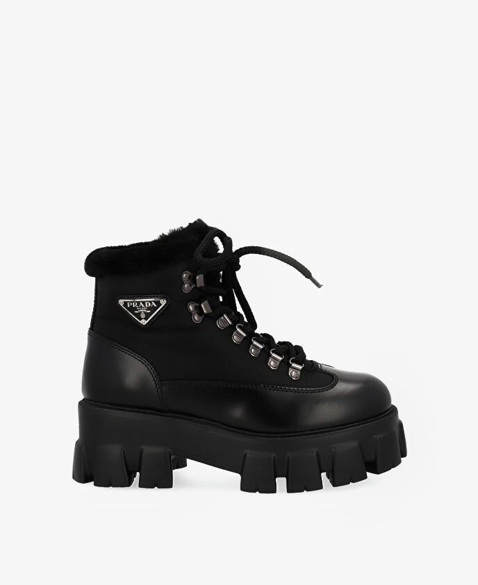 image of Prada Monolith Leather Ankle Boots Size 38 in Black, Women's
