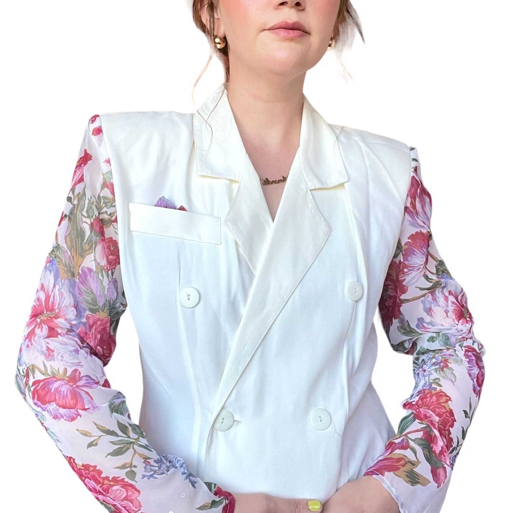 Vintage VINTAGE Floral Set: Cream Pink 70s Blazer Skirt Outfit Women's M Party/Cocktail Size 32" / US 10 / IT 46 - 3 Thumbnail
