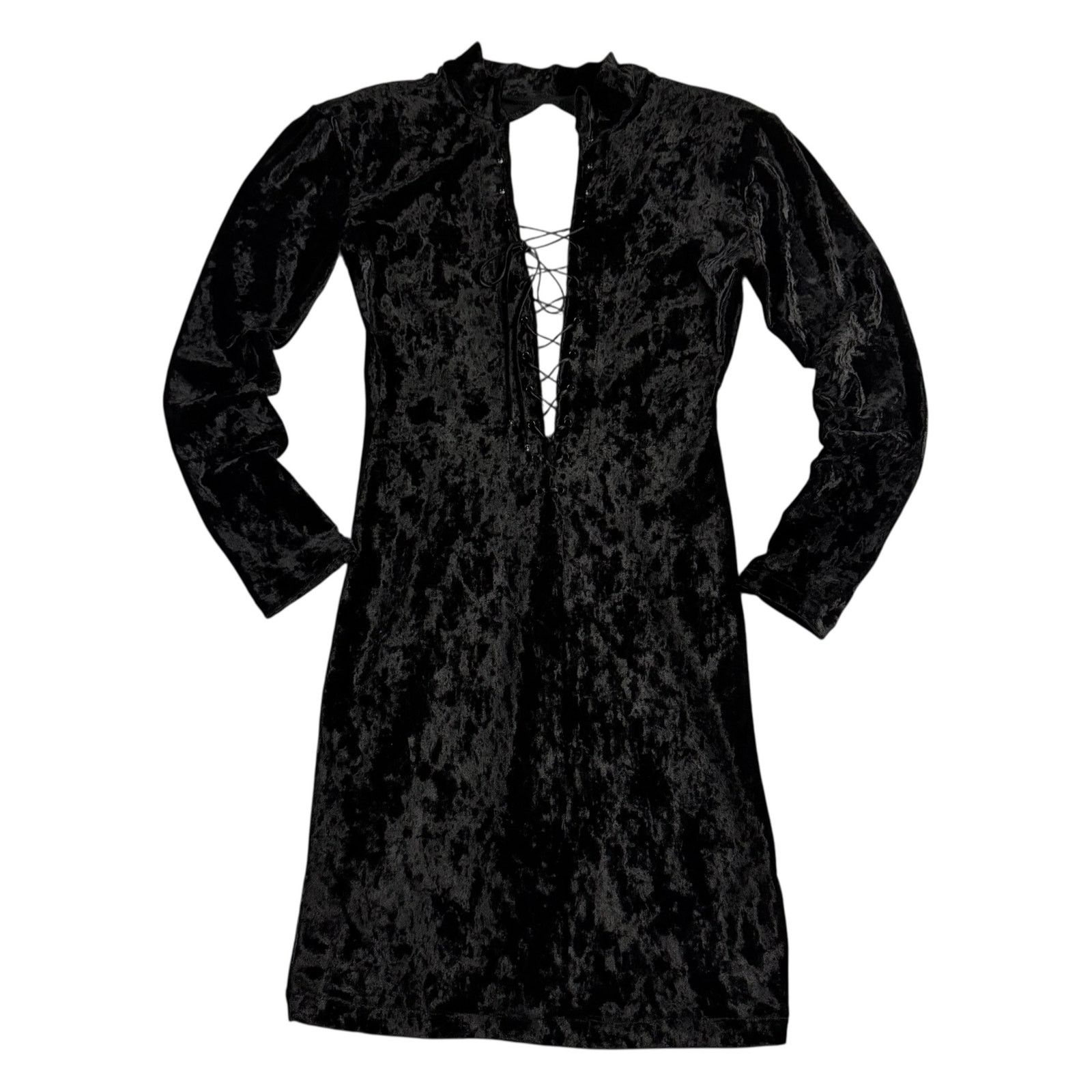 Vintage Vintage 90s Black Goth Velvet Open Back Lace-Up Midi Dress Size S / US 4 / IT 40 - 1 Thumbnail