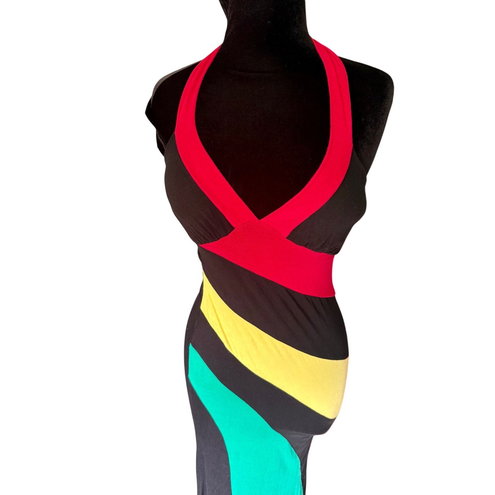 Vintage Vintage 90’s Black Red Green Halter Bodycon Dress Med Large Size M / US 6-8 / IT 42-44 - 3 Thumbnail
