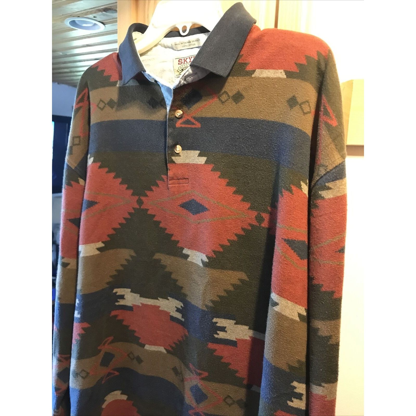 Other Skyr Vintage Mens XL Aztec Tribal Print LS Cotton Polo Shirt Size US XL / EU 56 / 4 - 5 Thumbnail