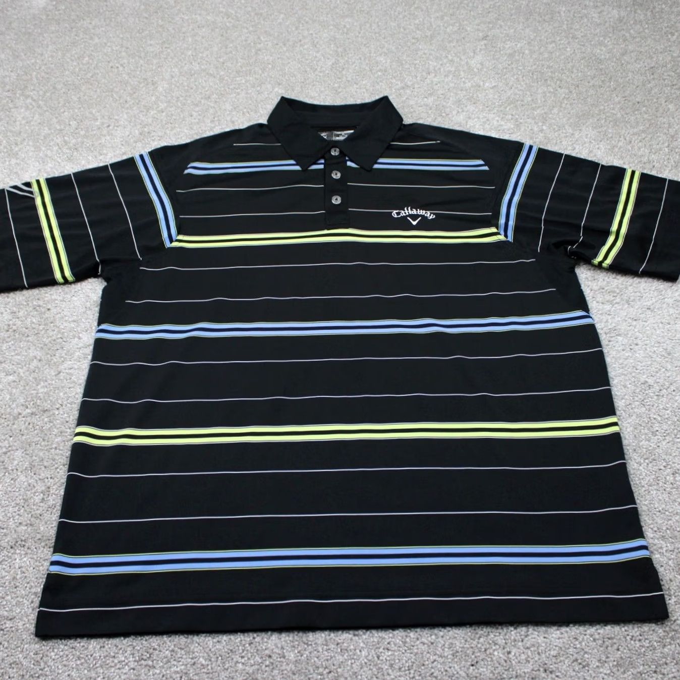 Callaway Callaway Polo Shirt Mens XL Black w/ Yellow/Blue Stripes Short Sleeve Polo Golf Logo Striped Breathable 100% Polyester Regular Fit Size US XL / EU 56 / 4 - 2 Thumbnail