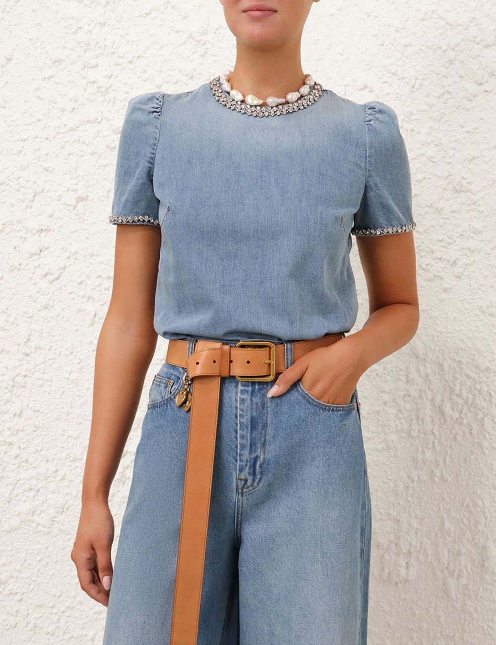 Zimmermann oc11z1025 Crush Embellished Denim Top in Blue Size L / US 10 / IT 46 - 2 Thumbnail