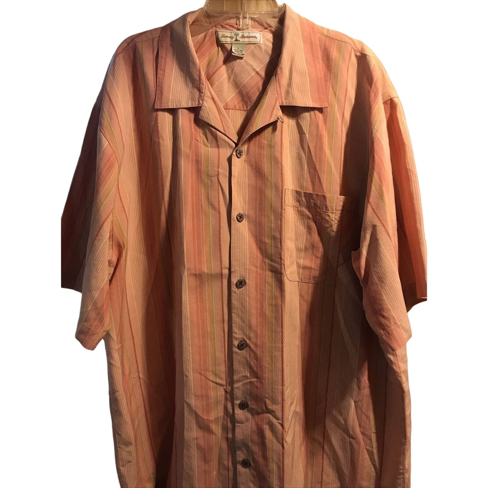 Tommy Bahama Tommy Bahama Men L Salmon Striped Silk Button Hawaiian Shirt Size US L / EU 52-54 / 3 - 1 Thumbnail