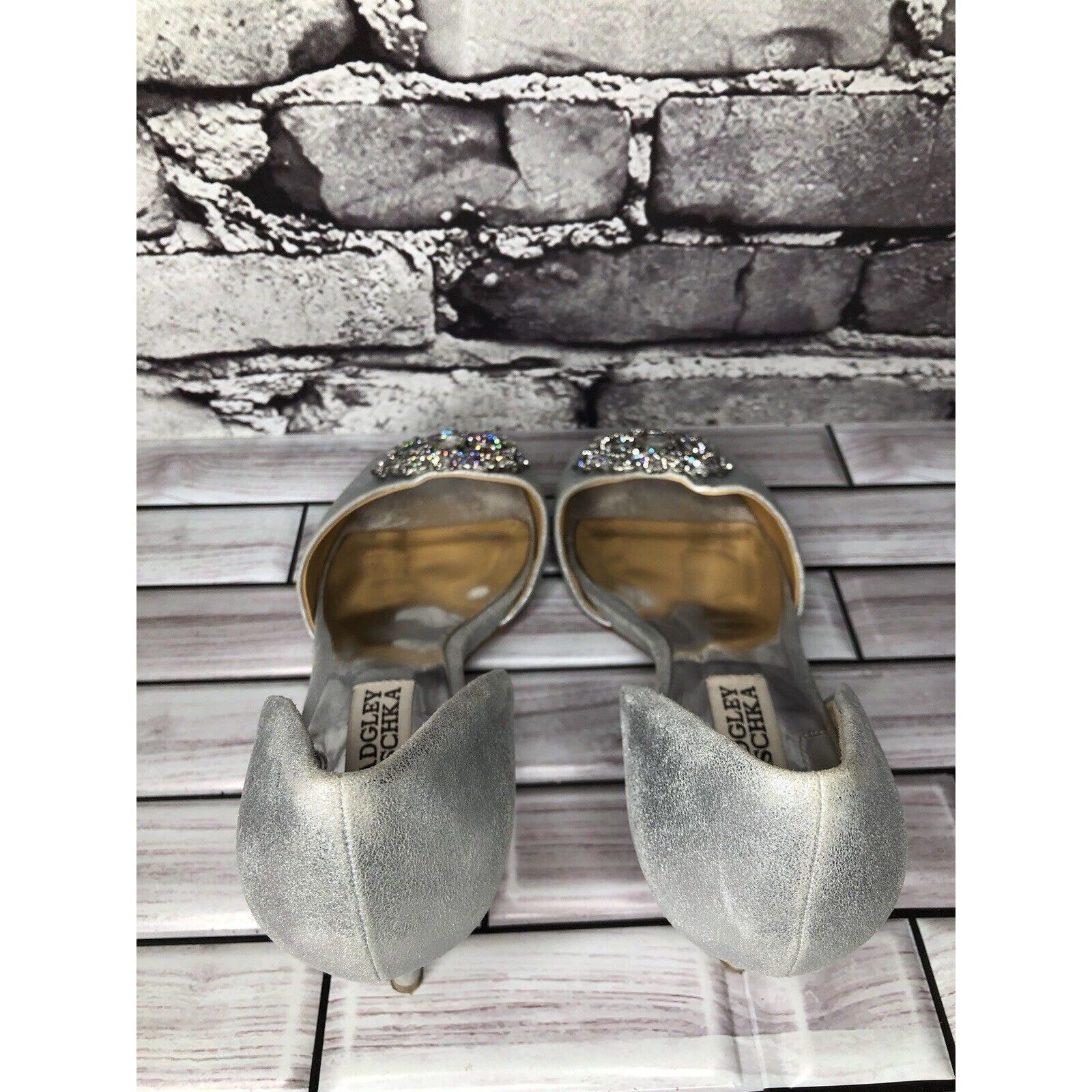 Badgley Mischka Badgley Mischka Metallic Silver Leather Rhinestone Heels Wom Size US 6.5 / IT 36.5 - 5 Thumbnail