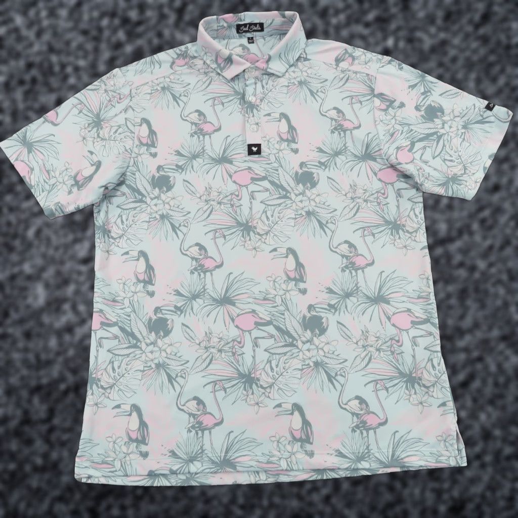 Vintage Bad Birdie Polo Mens Large Pink Mint Tropical Flamingo AOP Floral Performance Polo Shirt Mens Garden Tropical Size US L / EU 52-54 / 3 - 1 Thumbnail