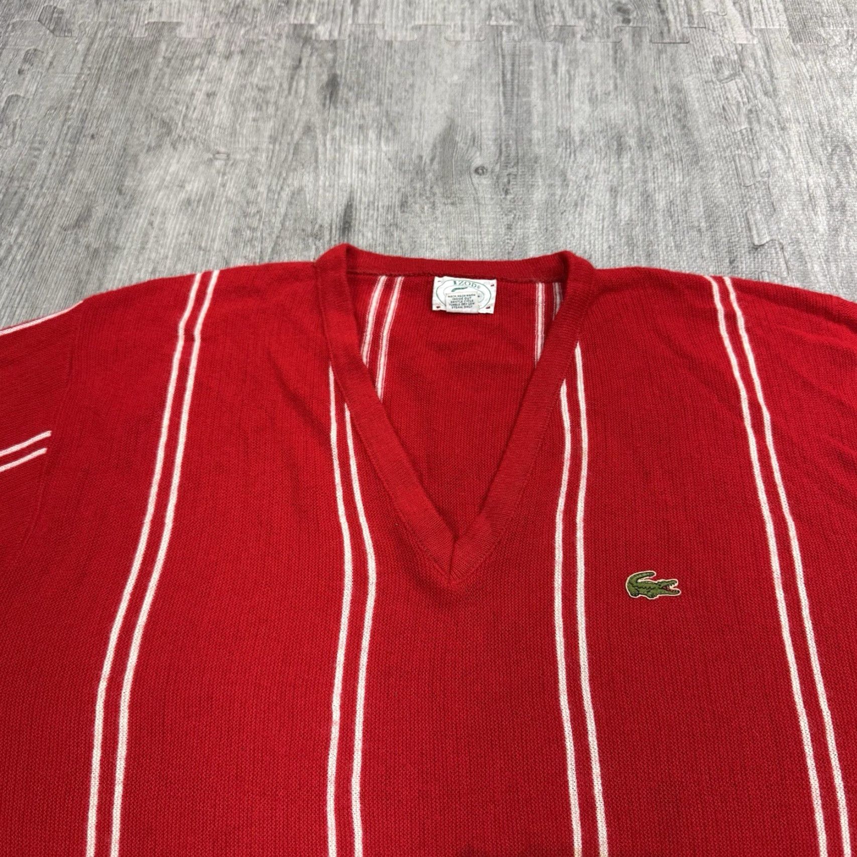 Lacoste Vintage 80s Lacoste Mens Sweater XL Red White Striped V-Neck Pullover All Seasons Size US XL / EU 56 / 4 - 3 Thumbnail