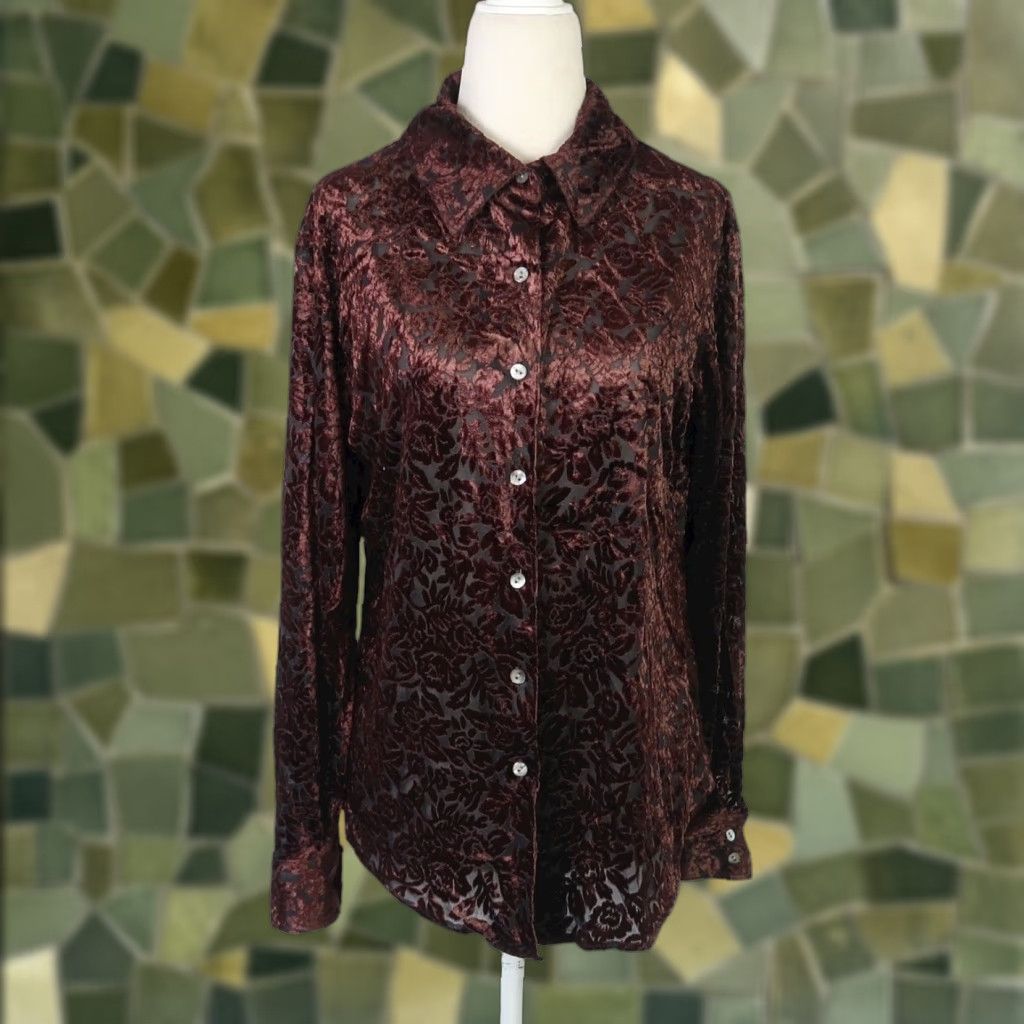 Velvet VINTAGE Bentley Brown Floral Velvet Burnout Button-Down Top M Womens Long Sleeve 90s Bohemian 90s Floral Vintage Size M / US 6-8 / IT 42-44 - 1 Thumbnail