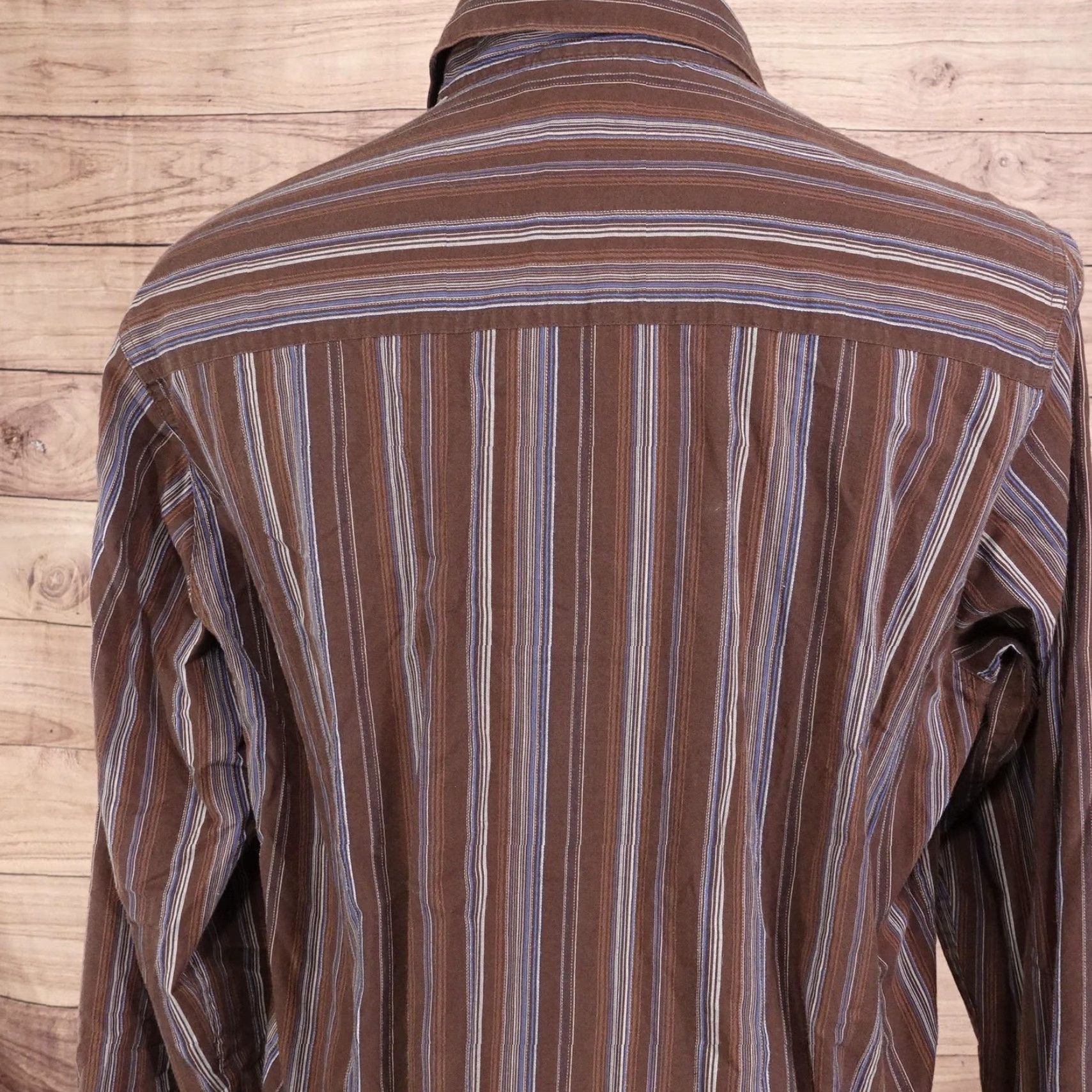 BKE BKE 67 Shirt Mens Large Brown Blue Stripe Button Front Long Sleeve Casual Shirt Size US L / EU 52-54 / 3 - 5 Thumbnail