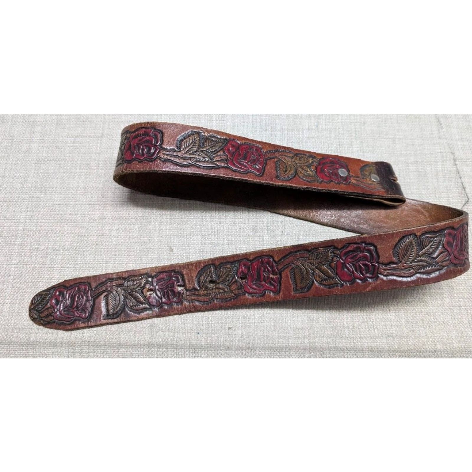 Vintage VINTAGE leather belt ROSES tooled Western belt floral buckle 30 brown Mens Accessories Size 30 - 6 Thumbnail