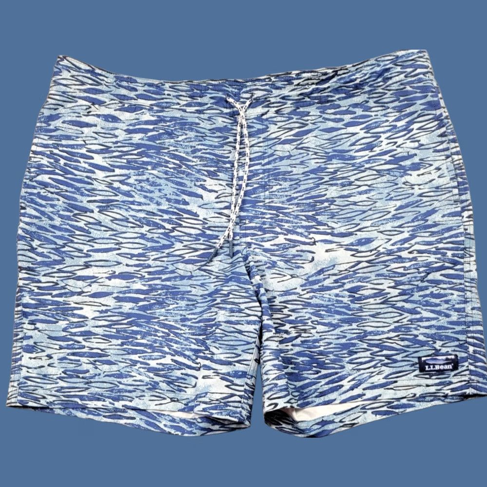 Vintage L.L. Bean Swim Trunks Bottom Mens Large Blue Lined Drawstring Pockets 8" Inseam Athletic Geometric Pattern Size ONE SIZE - 1 Thumbnail