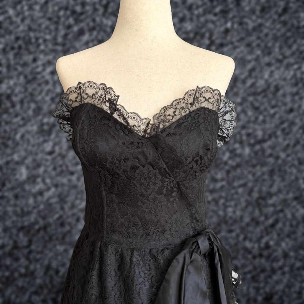 Jessica McClintock Vtg 80’s Gunne Sax Strapless Black Lace Prom Dress Bow Ruffles XS Goth Whimsy Size XS / US 0-2 / IT 36-38 - 1 Thumbnail