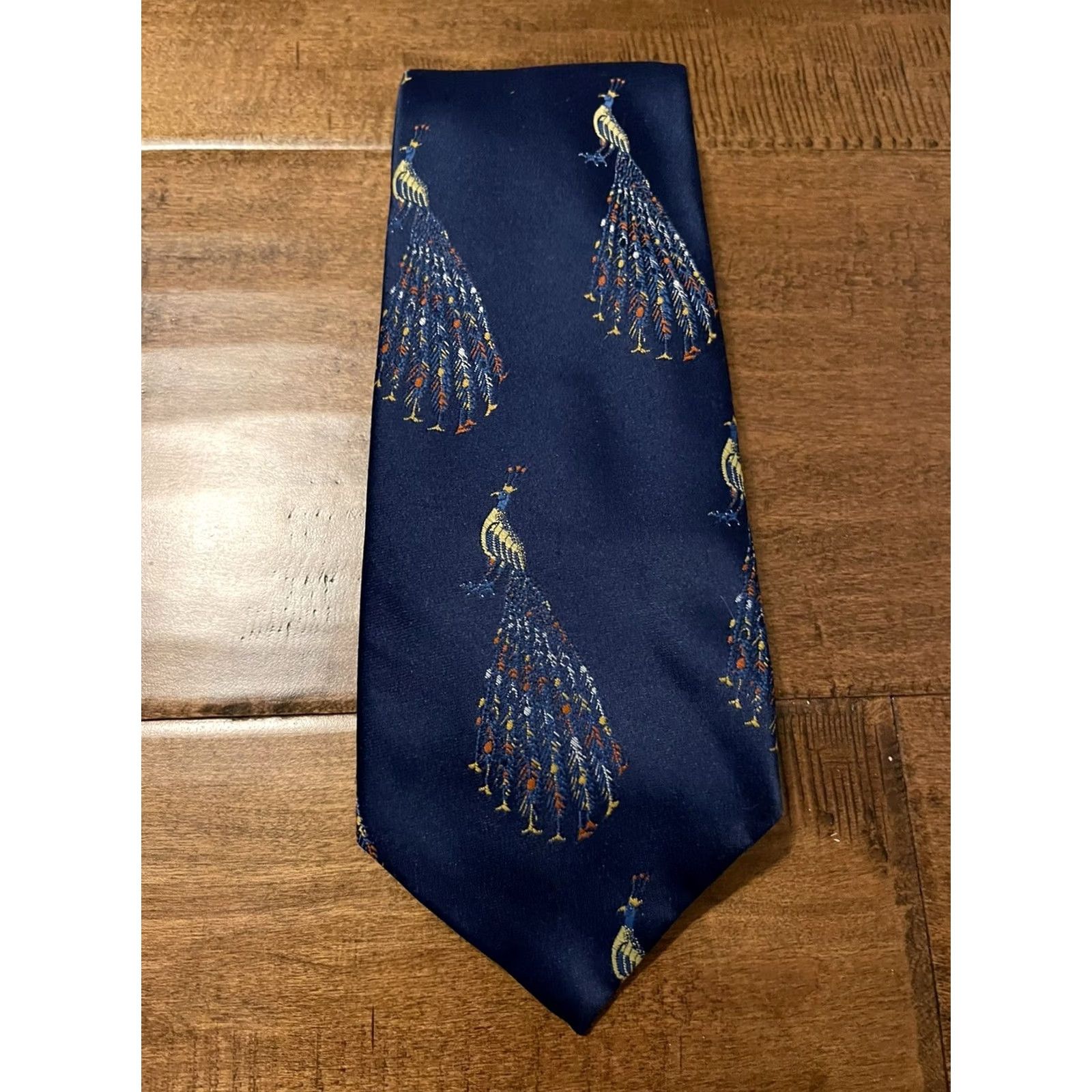 Sears VINTAGE Sears Neck Tie 1970s Peacock Design Navy Blue Mens Size ONE SIZE - 2 Thumbnail