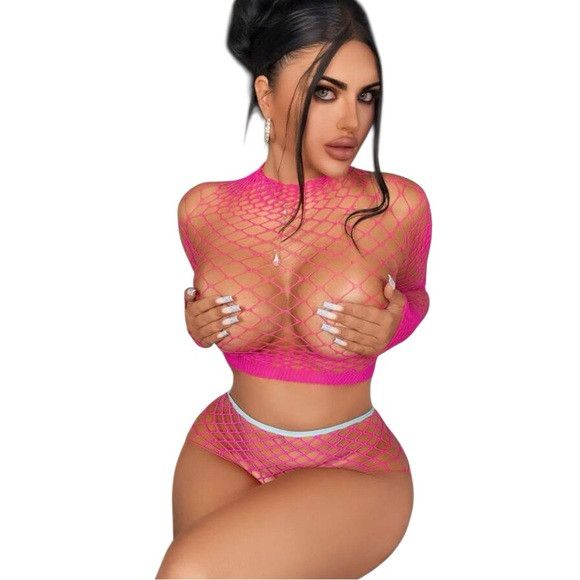 Other Women Hot Pink Sheer Fishnet Lingerie Set Size ONE SIZE - 4 Thumbnail