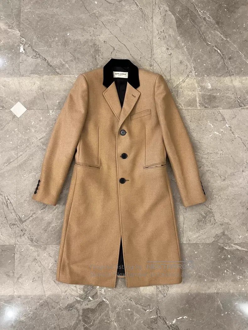 Saint Laurent Paris Saint Laurent Paris Khaki Color Velvet Wool Cashmere Coat Size US M / EU 48-50 / 2 - 1 Thumbnail
