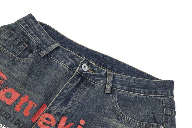 Vintage Retro washed distressed street letter print jeans for men Size US 32 / EU 48 - 3 Thumbnail