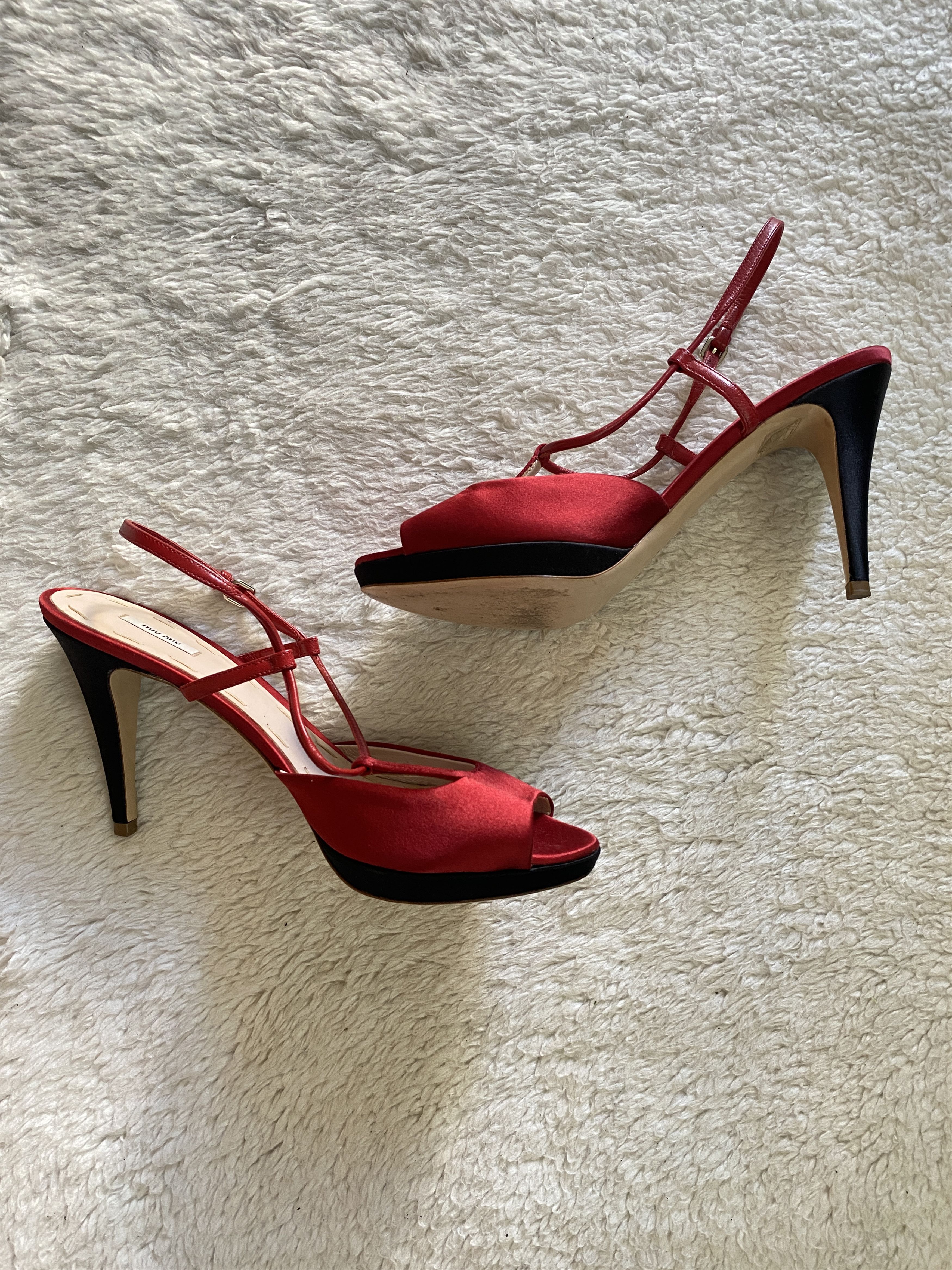 Miu Miu Miu Miu Silk Peep Toe Sandals – Red & Black Size US 10 / IT 40 - 18 Thumbnail