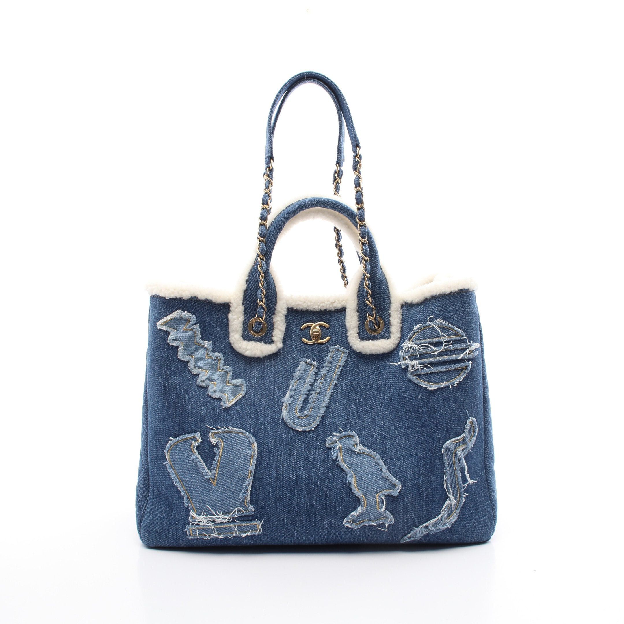 Chanel Chanel Large Shopping Bag Chain Shoulder Tote Denim Boa Fabric Blue Gold Hardware Size ONE SIZE - 1 Thumbnail