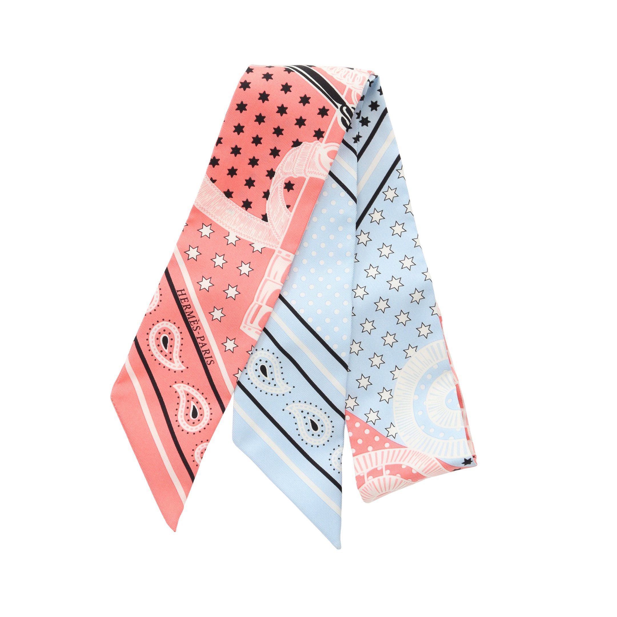 Hermes Twilly Eperon Cut Ribbon Scarf Silk Coral Pink Light Blue Multicolor