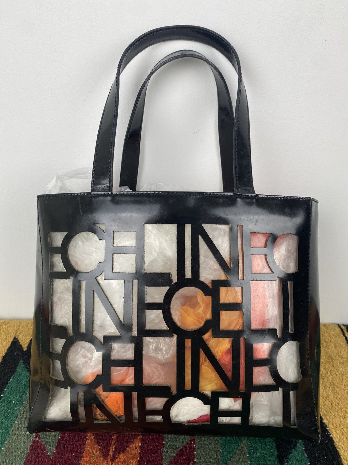 Celine 2000’s Celine Cutout Logo Black Vinyl Shoulder Tote Bag Size ONE SIZE - 10 Thumbnail