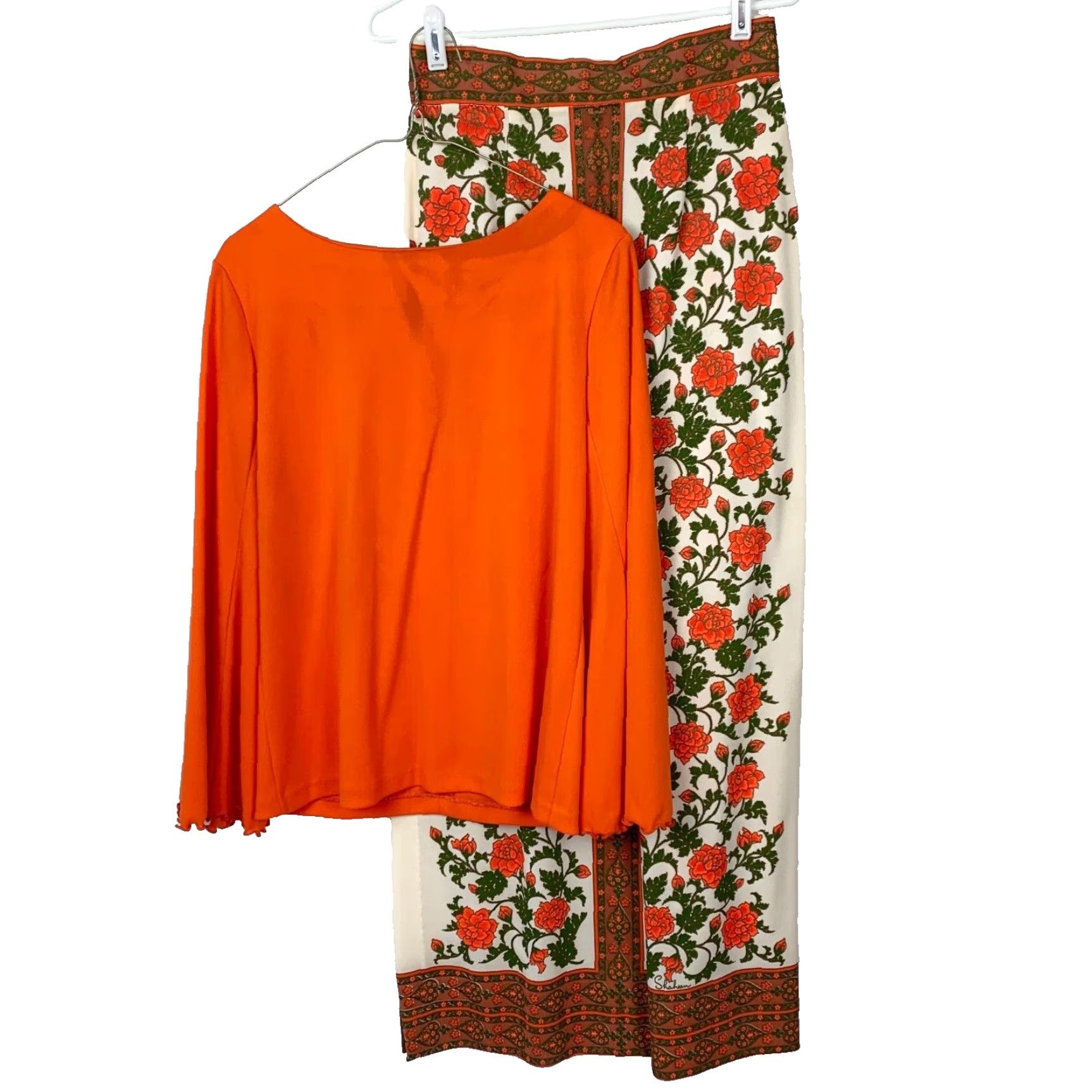 Vintage VINTAGE Miss Shaheen California Hawaii Floral Shirt Skirt Outfit 12 Orange 1960s Mod GoGo Polyester Women/Men? Size XL / US 12-14 / IT 48-50 - 2 Thumbnail