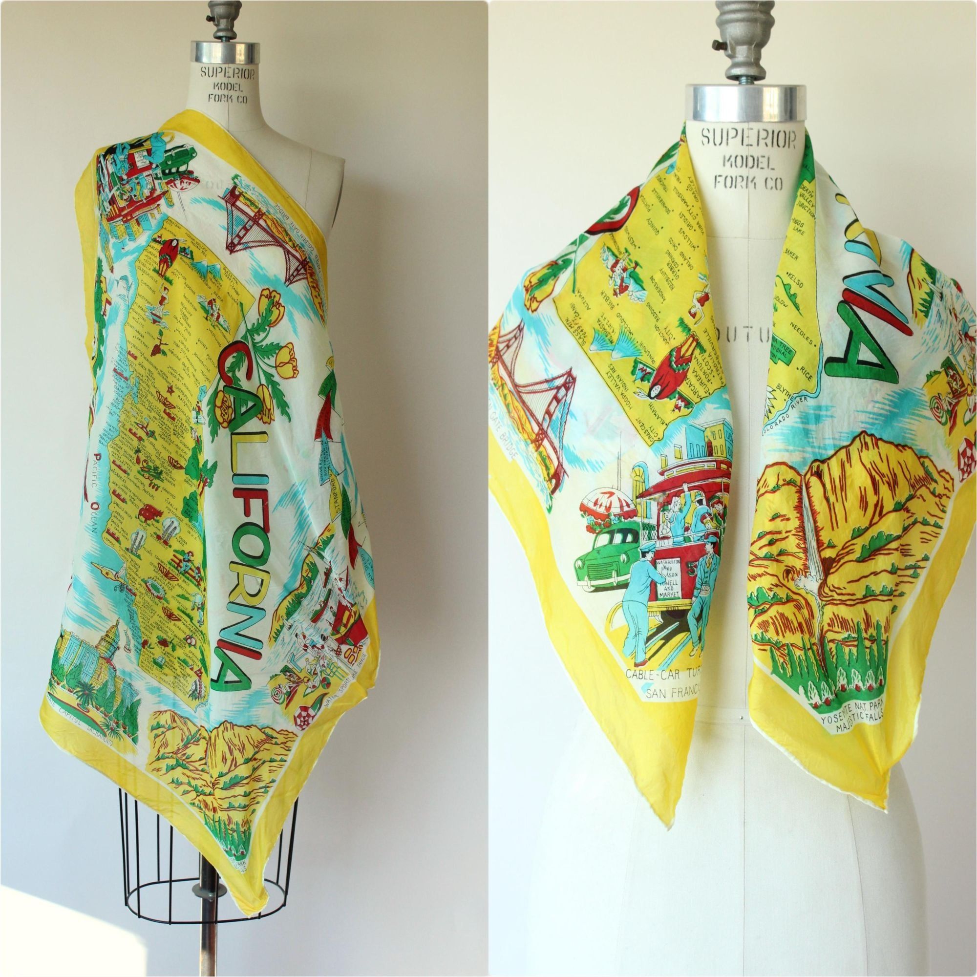 Vintage Vintage 1950s Scarf, California Map Souvenir Rayon Head Size ONE SIZE - 1 Thumbnail