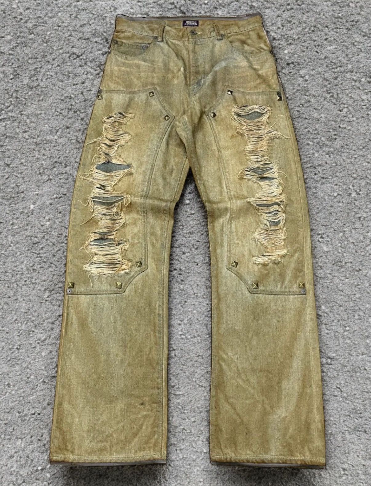 Japanese Brand × Le Grande Bleu (L.G.B.) × Purple Purple & Yellow Pierced Studded Double Knee Muddy Jeans Size US 30 / EU 46 - 1 Thumbnail