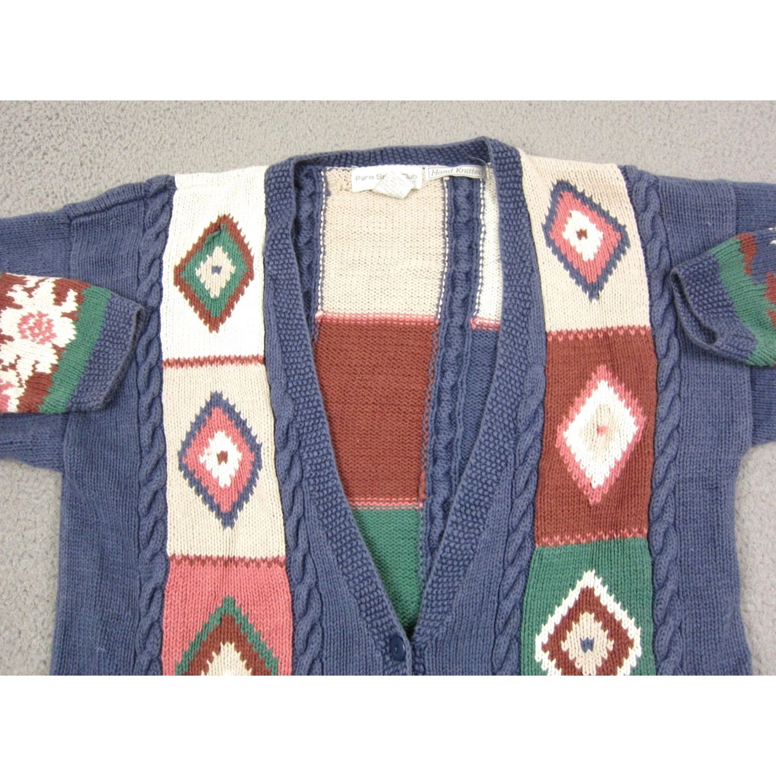 Vintage VINTAGE Paris Sports Club Cardigan Womens Large Blue Hand Knitted Floral 80s 90s Size M / US 6-8 / IT 42-44 - 3 Thumbnail