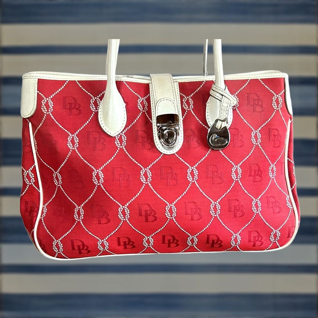 Logo 7 VINTAGE Dooney & Bourke Florentine Monogram Fabric Purse Women’s Shoulder Handbag Bag Red White Leather Canvas Size ONE SIZE - 1 Thumbnail