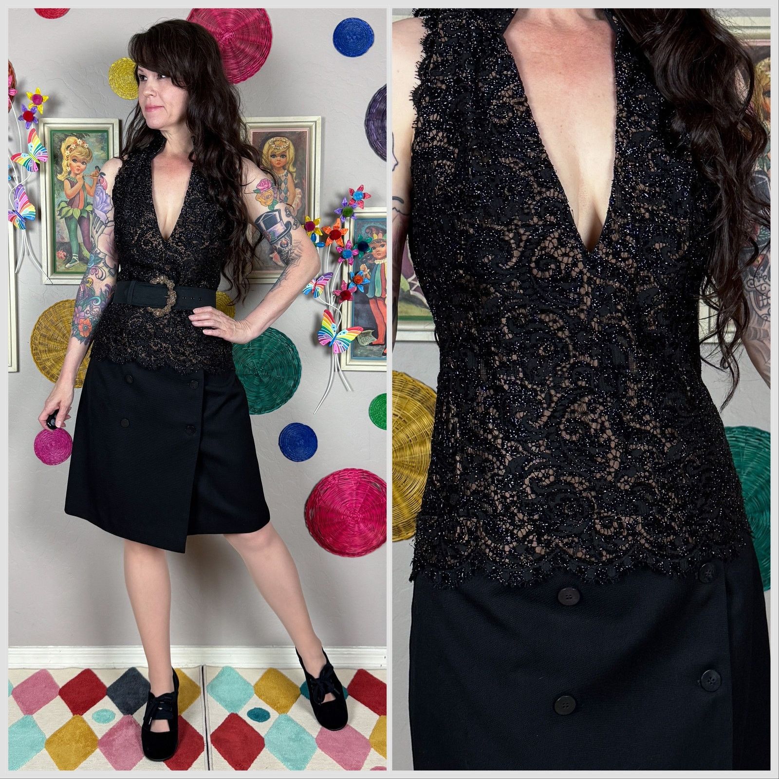Handmade × Vintage 1970s Black Floral Lace Overlay Sleeveless V-Neck Top Size M / US 6-8 / IT 42-44 - 1 Thumbnail