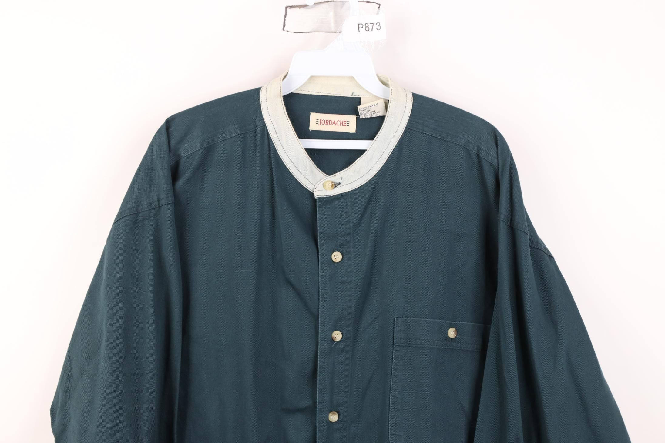 Vintage Vintage 90s Streetwear Denim Band Collar Button Shirt Green Size US M / EU 48-50 / 2 - 2 Thumbnail