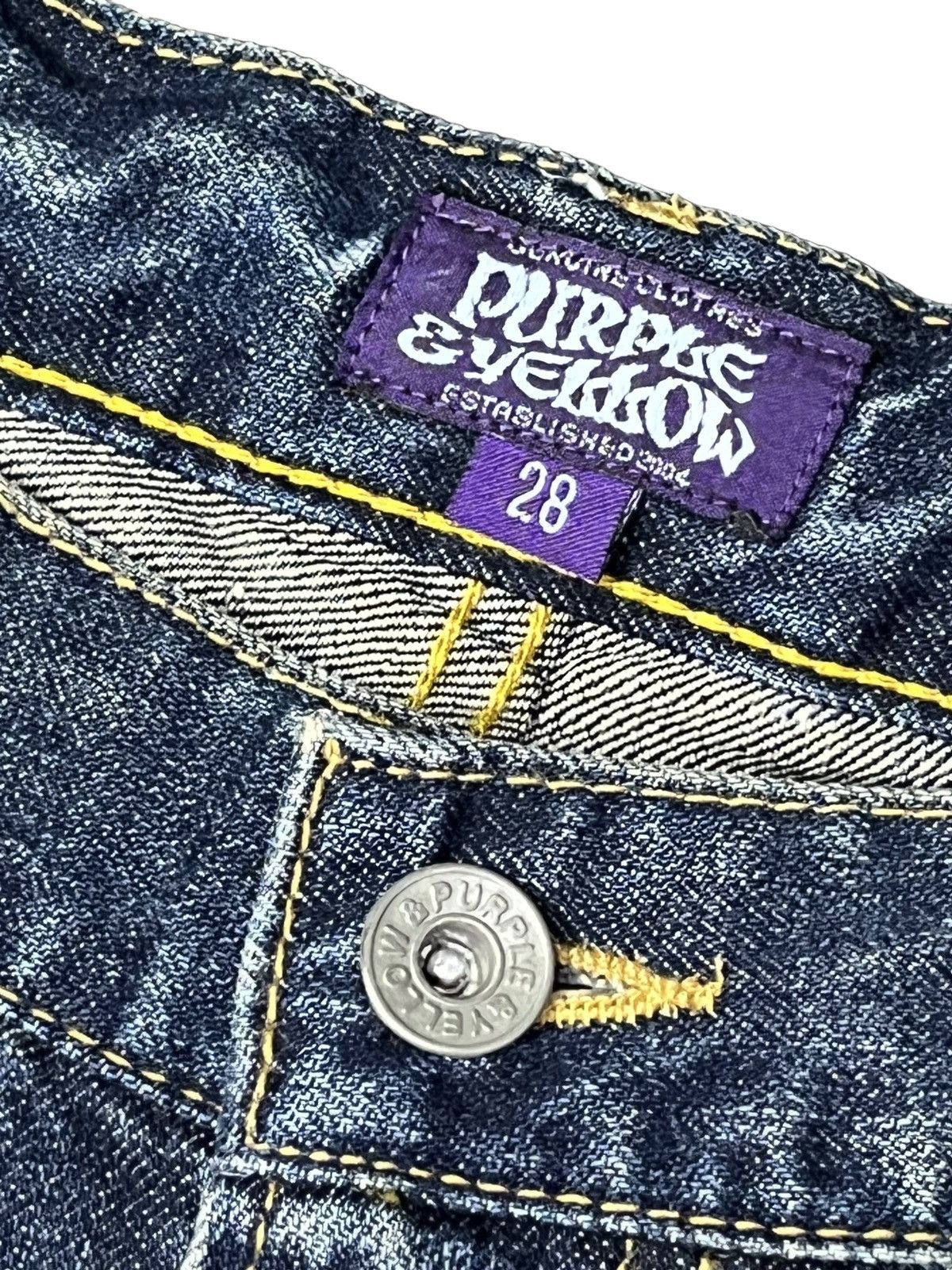 Japanese Brand FYE🔥PURPLE & YELLOW Vintage Ripped Double Knee Buckle Back Size US 29 - 12 Thumbnail