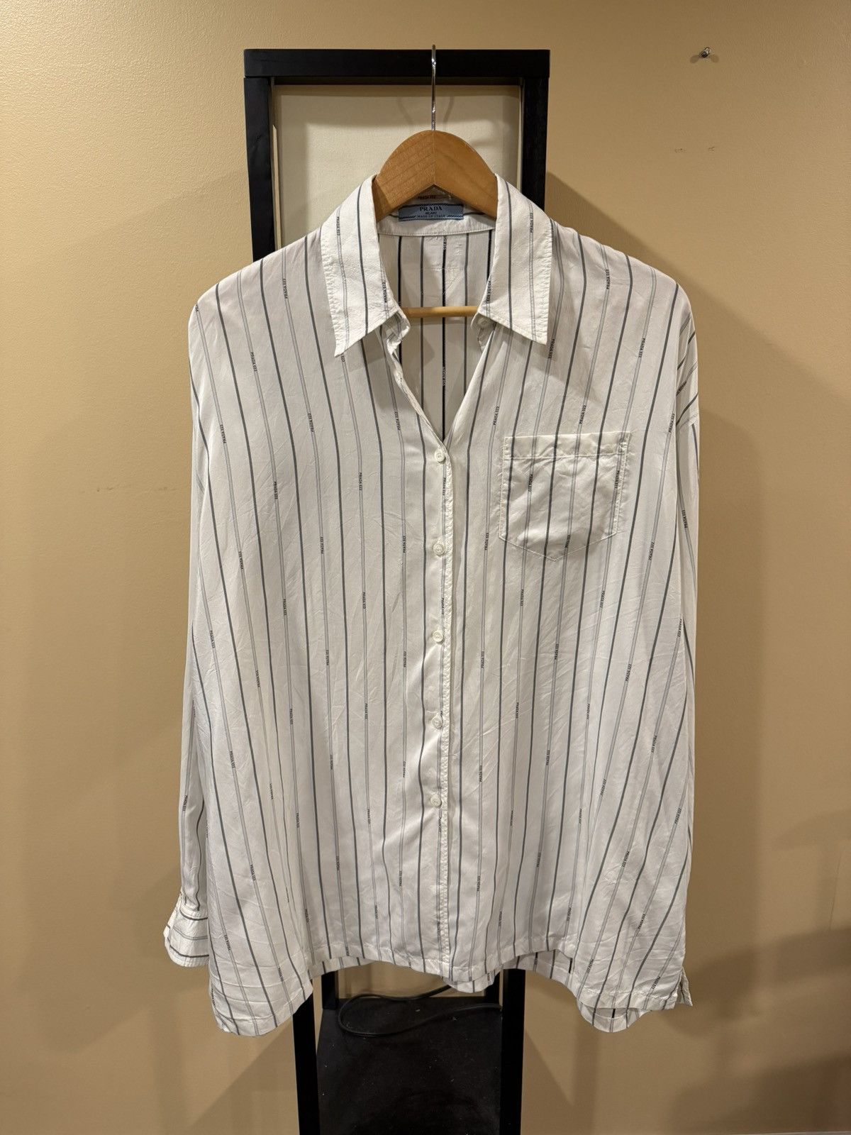 Prada Prada Raf Simons 2022 Logo Stripe White Silk Button Up Shirt Size US XL / EU 56 / 4 - 1 Thumbnail