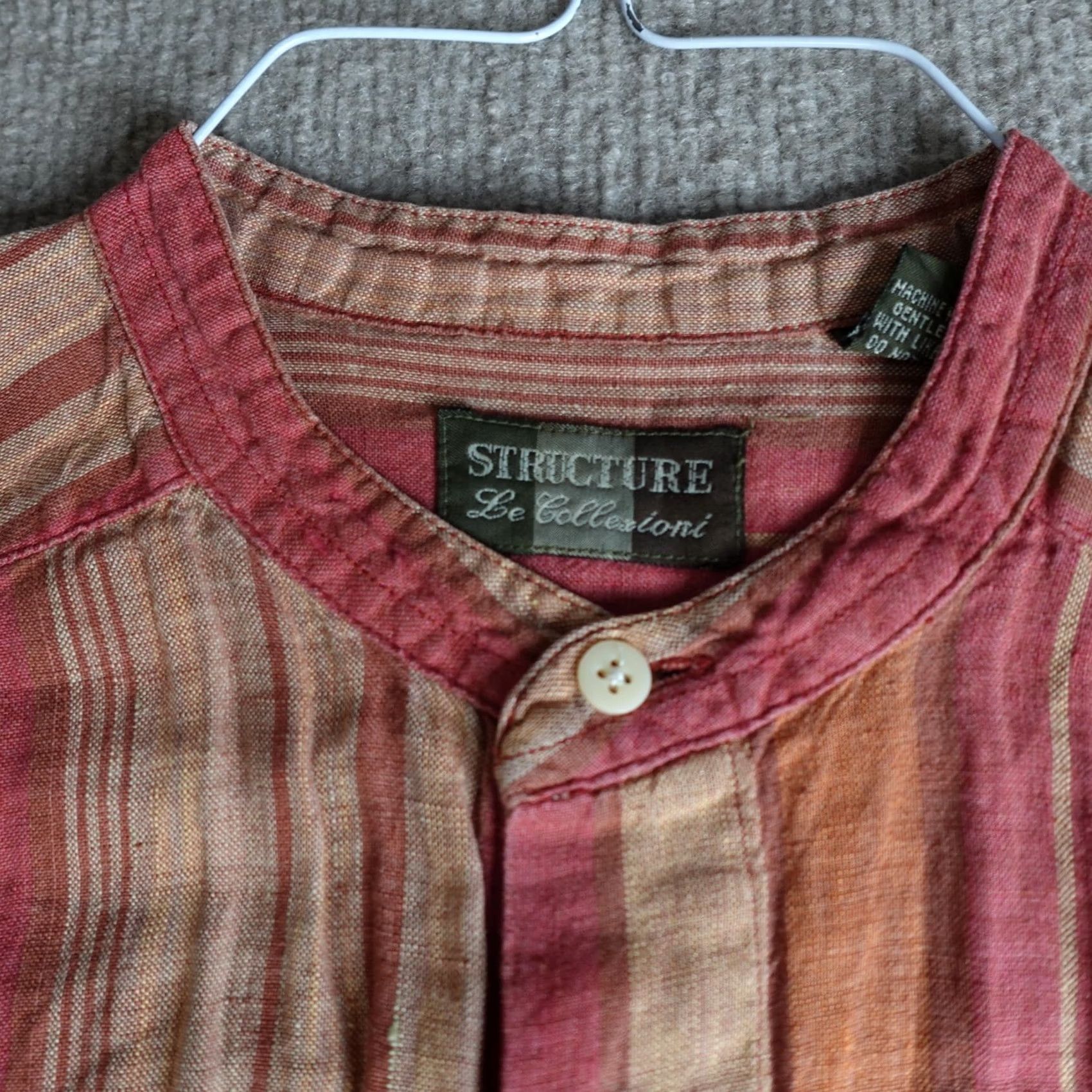 Vintage Structure Mens Shirt Medium Orange Striped Band Collar Linen Button-Up Size US M / EU 48-50 / 2 - 2 Thumbnail