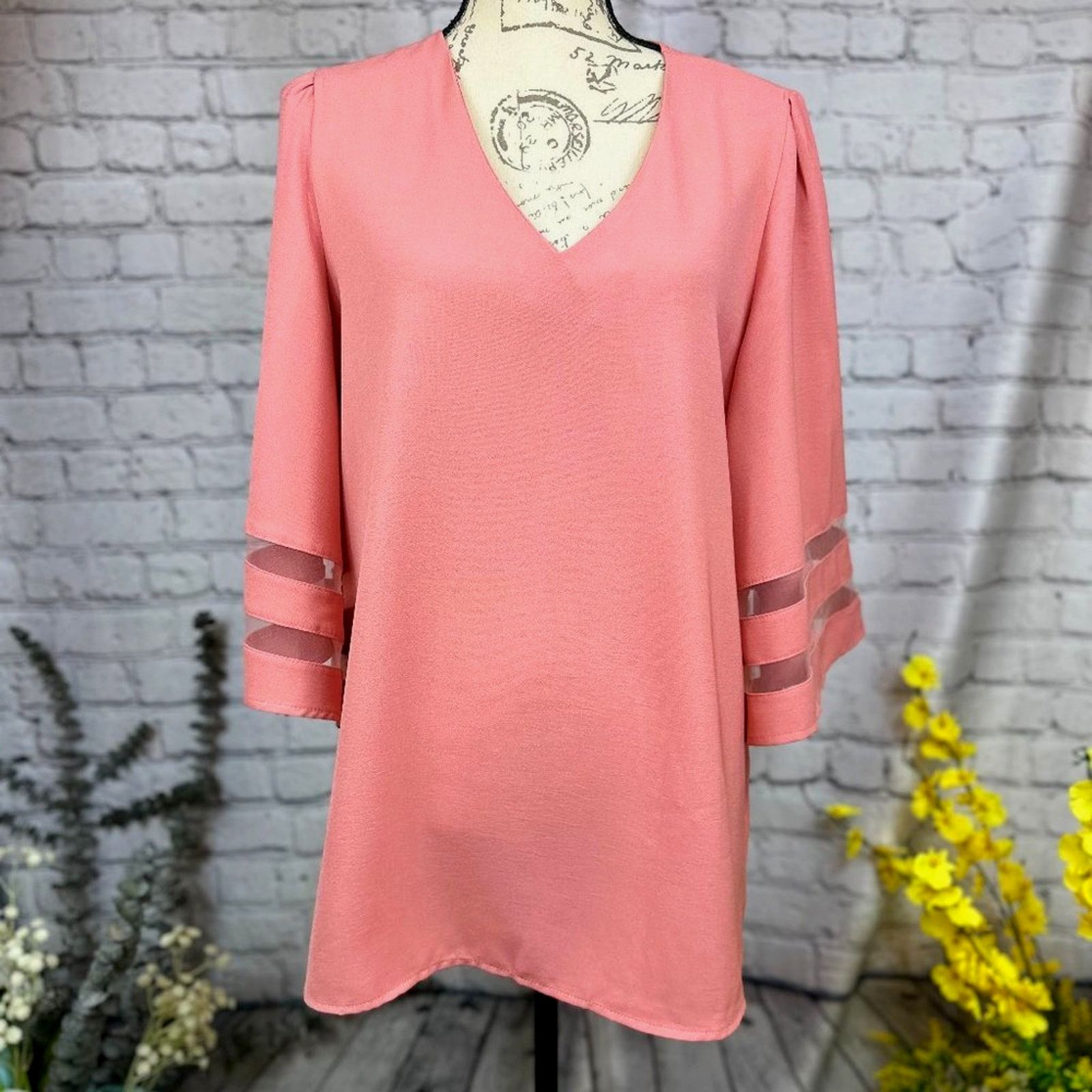 Other Casual V Neck 3/4 Bell Sleeve Mesh Panel Blouse Coral XL Size XL / US 12-14 / IT 48-50 - 5 Thumbnail